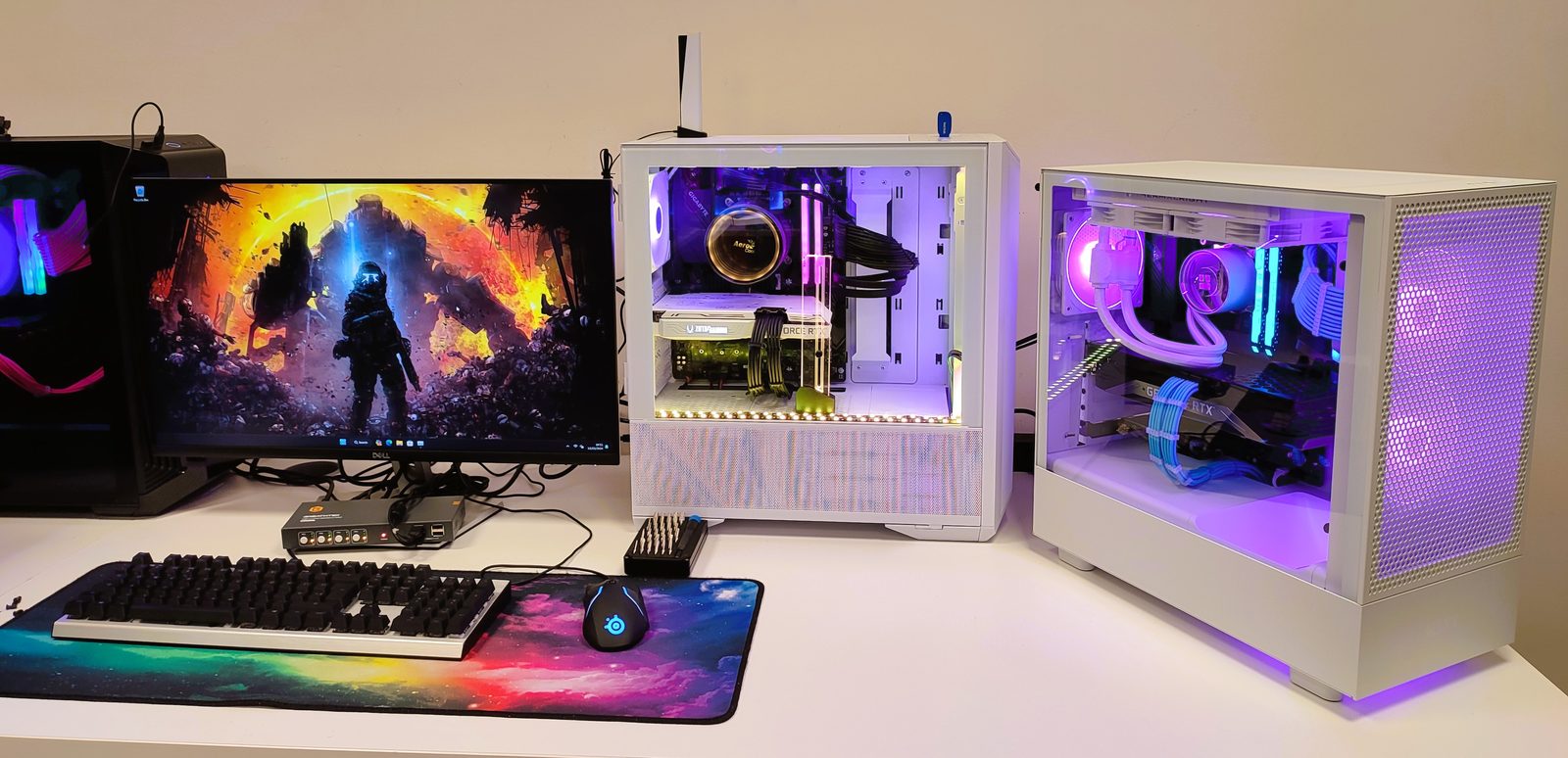 A lineup of finished custom PC builds on the workbench