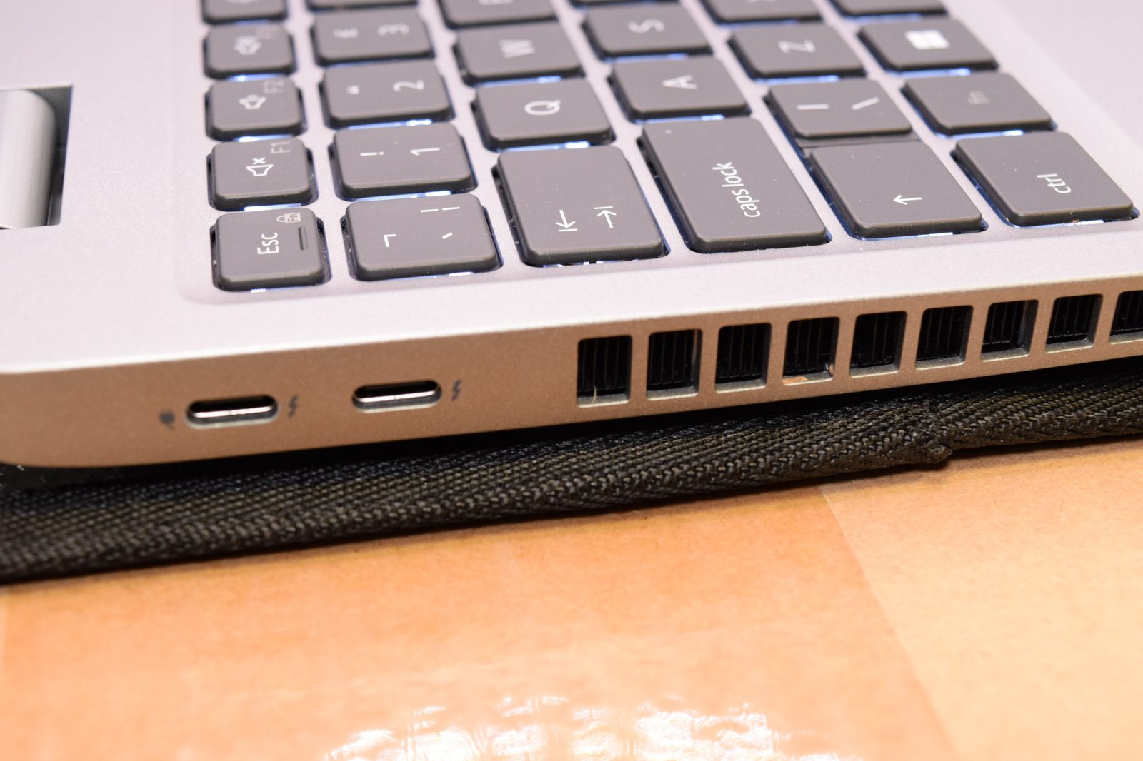 Close-up detail of a laptop's keyboard and ports